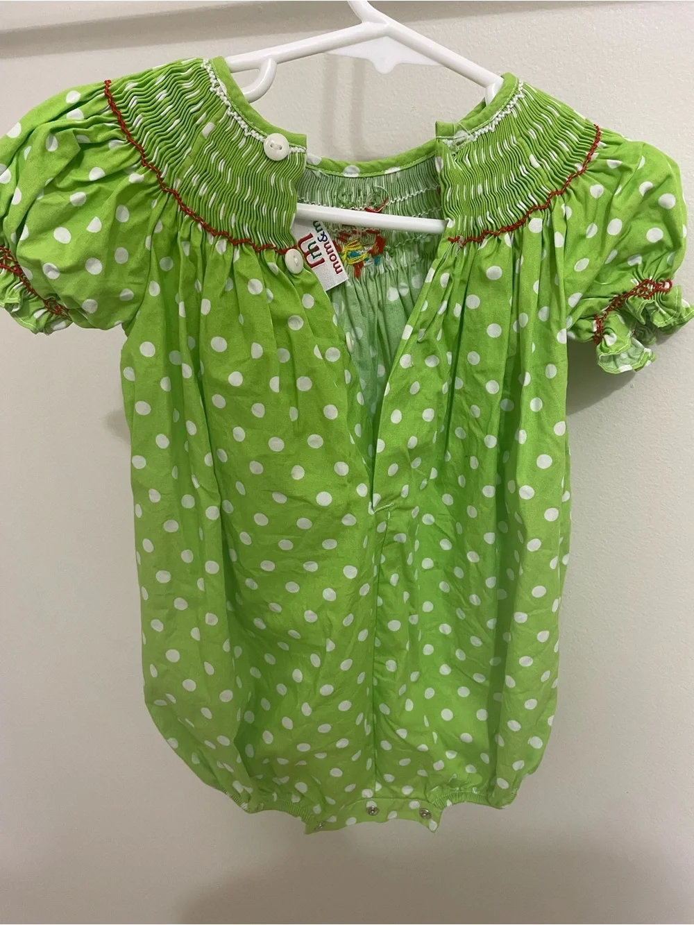 Smocked Lime Green Polka Dot Girls' Bubble Top with Red Apple Detail
